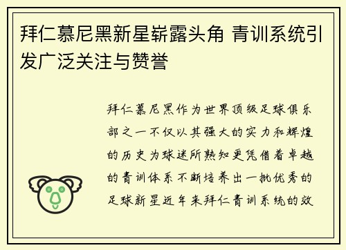 拜仁慕尼黑新星崭露头角 青训系统引发广泛关注与赞誉